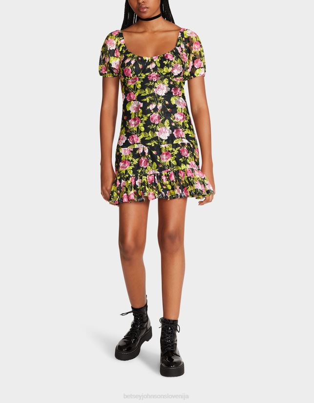 vintage cvetlična mini obleka ČrnaBetsey Johnson ženske oblačila 664J2T282