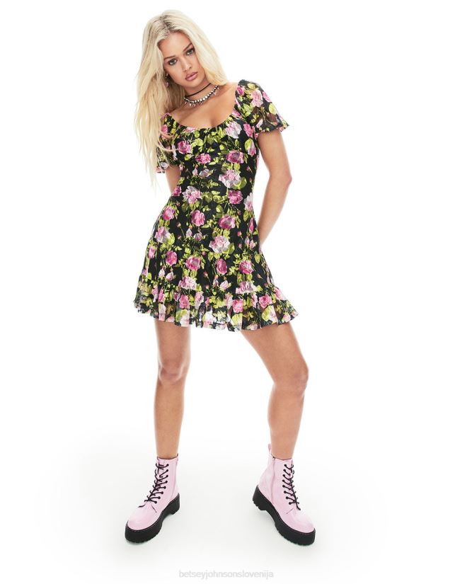 vintage cvetlična mini obleka ČrnaBetsey Johnson ženske oblačila 664J2T282