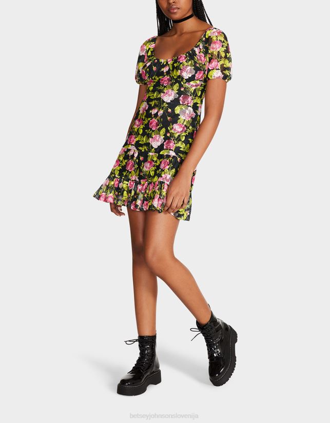 vintage cvetlična mini obleka ČrnaBetsey Johnson ženske oblačila 664J2T282