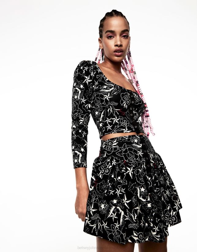 lepa tetovaža z napihnjenimi rokavi, ki jo je navdihnil punk, vintage tiskanjeBetsey Johnson ženske oblačila 664J2T295